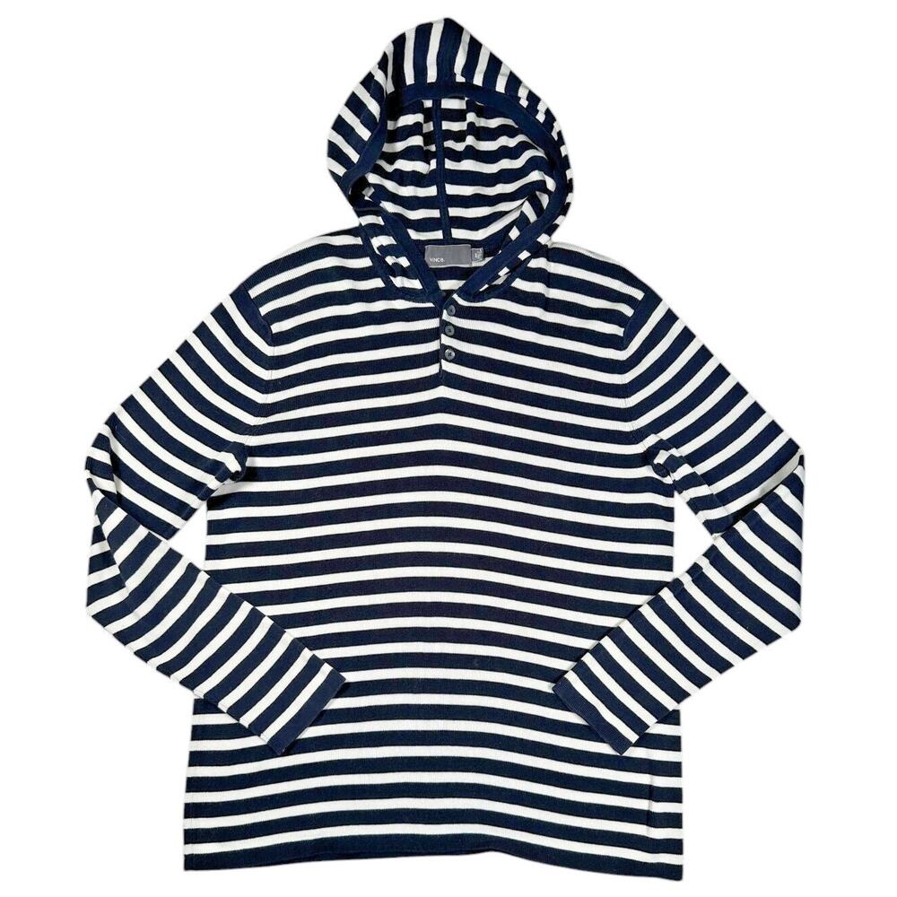 Vince Hoodie Mens M Navy Blue White Striped Cotton Knit Pullover Sweater Knit